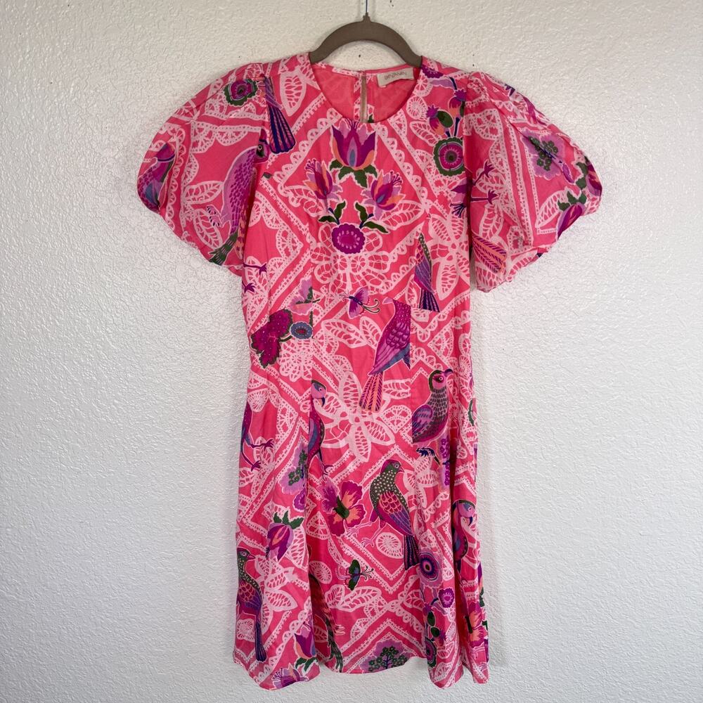 Banjanan Dress Womens XS Floral Bird Gracia Puff Sleeve Resort Summer Party Pink